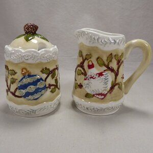 Mercuries China Christmas Cream Creamer Lidded Sugar Bowl Set Holiday Ornaments